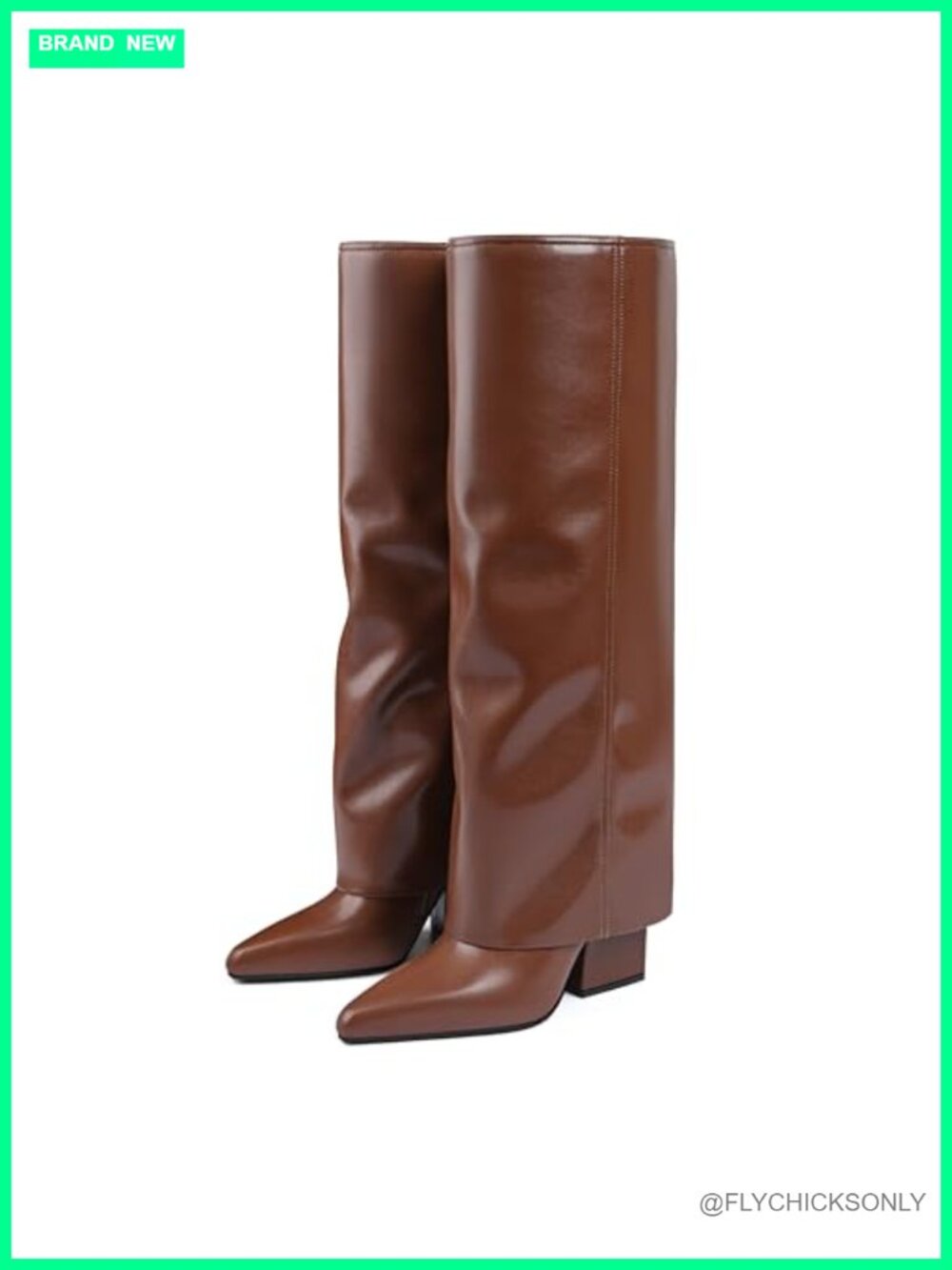 Women's Knee High Fold Over Pointed Toe Block Heel Boots Faux Leather
